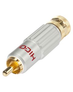HICON RCA/phono, collet lock fixture, 2-pole, metal, Soldering-male, gold plated